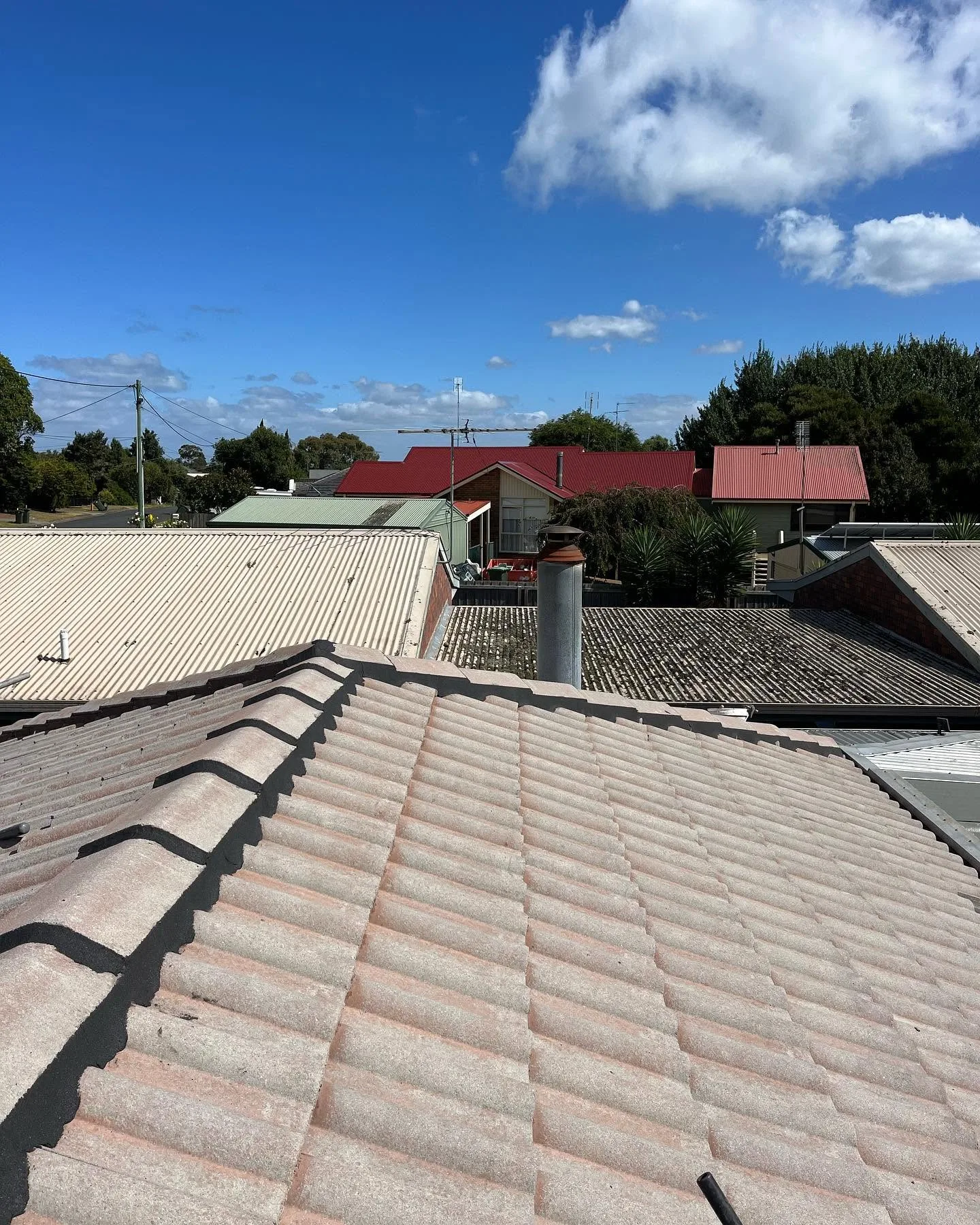 Close view of a concrete tile roof after cleaning and ridge repointing, with a corrugated metal roof and red-roofed homes visible behind