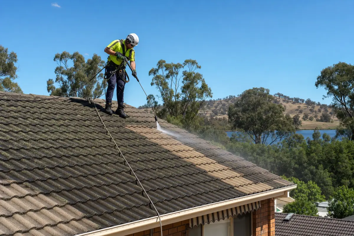 Roofer pressure-cleaning a tile roof — preparation before restoration on a residential property in Albury and Wodonga